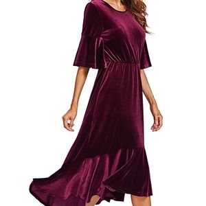 Floerns Women's Trumpet Sleeve Flounce Ruffle Hem Velvet Midi Dress Medium